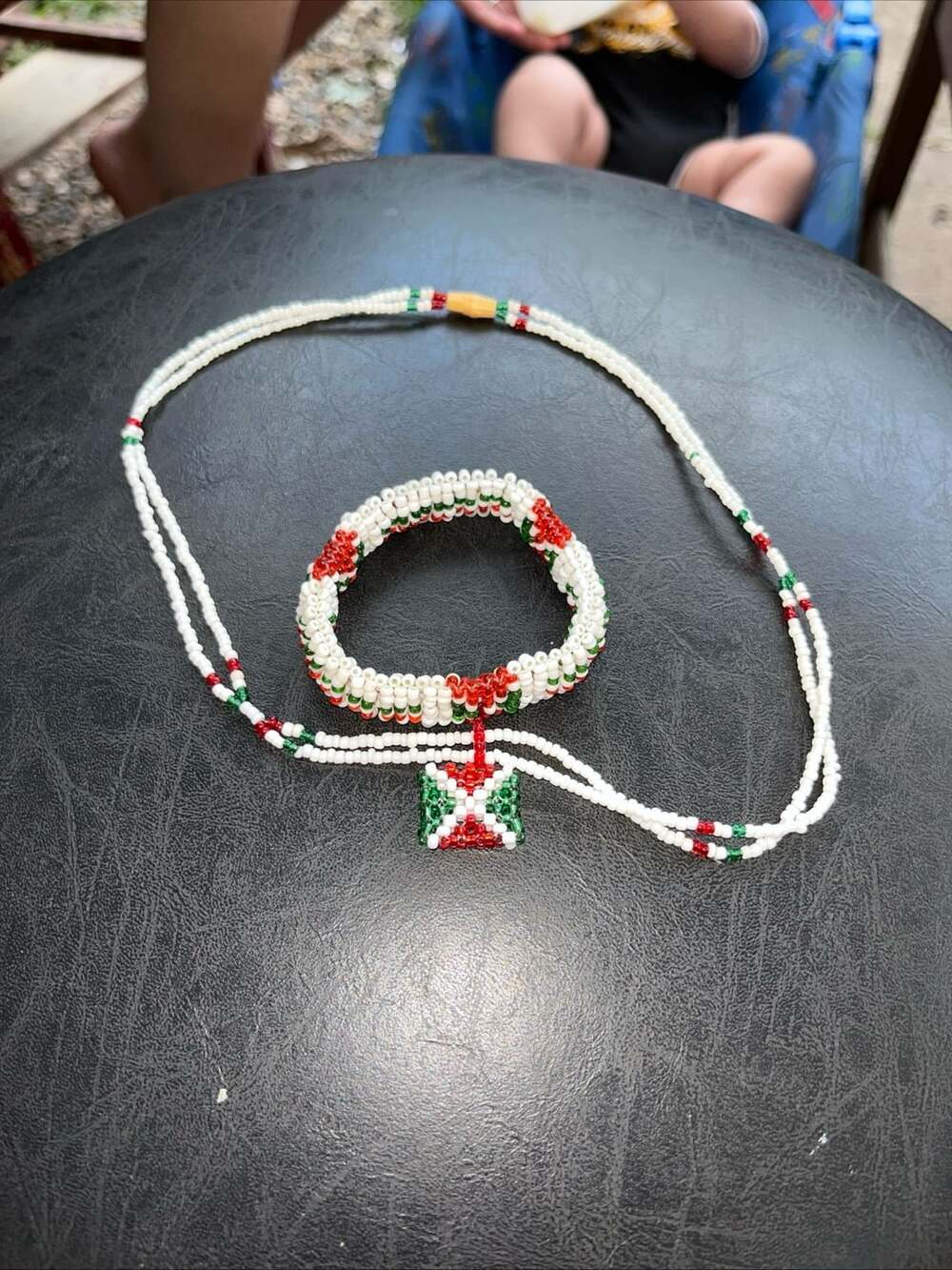Handmade Beaded Necklace and Bracelet Set in Red Green and White